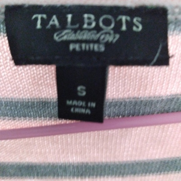 Talbots Petites Striped Knit Sweater Top Gray Pink 3/4 Sleeve - Picture 2 of 7